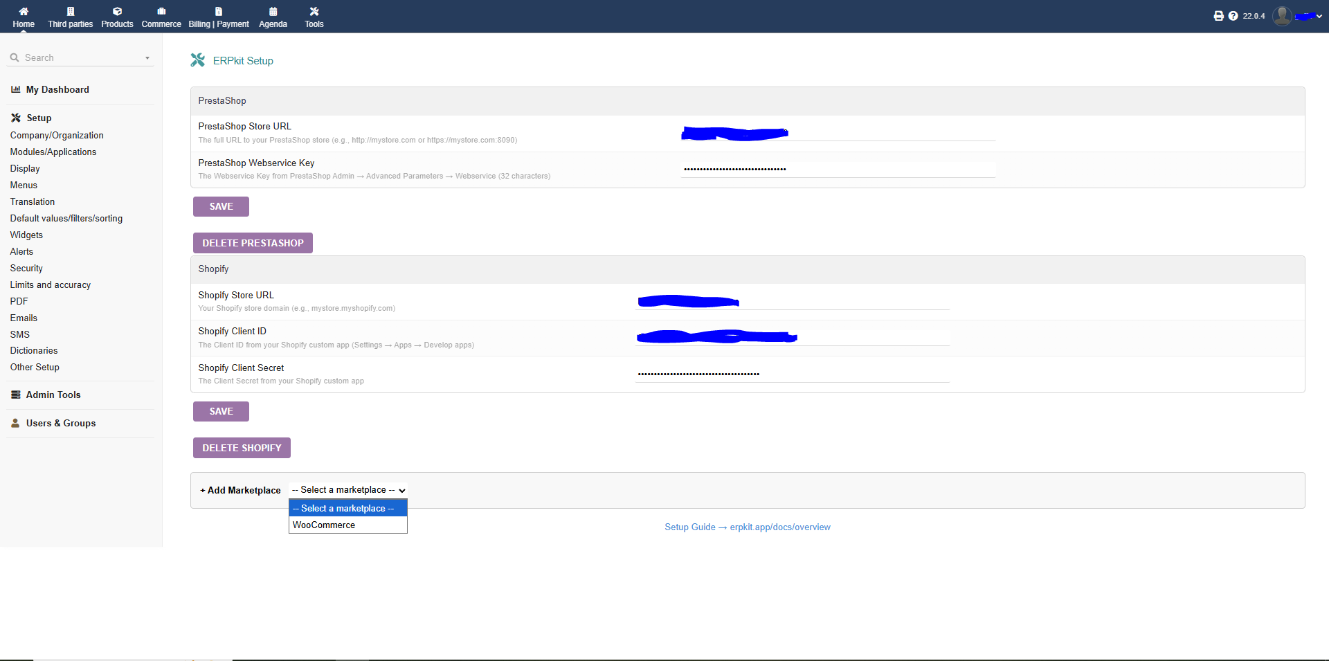 Page de configuration du module ERPkit dans l'administration Dolibarr