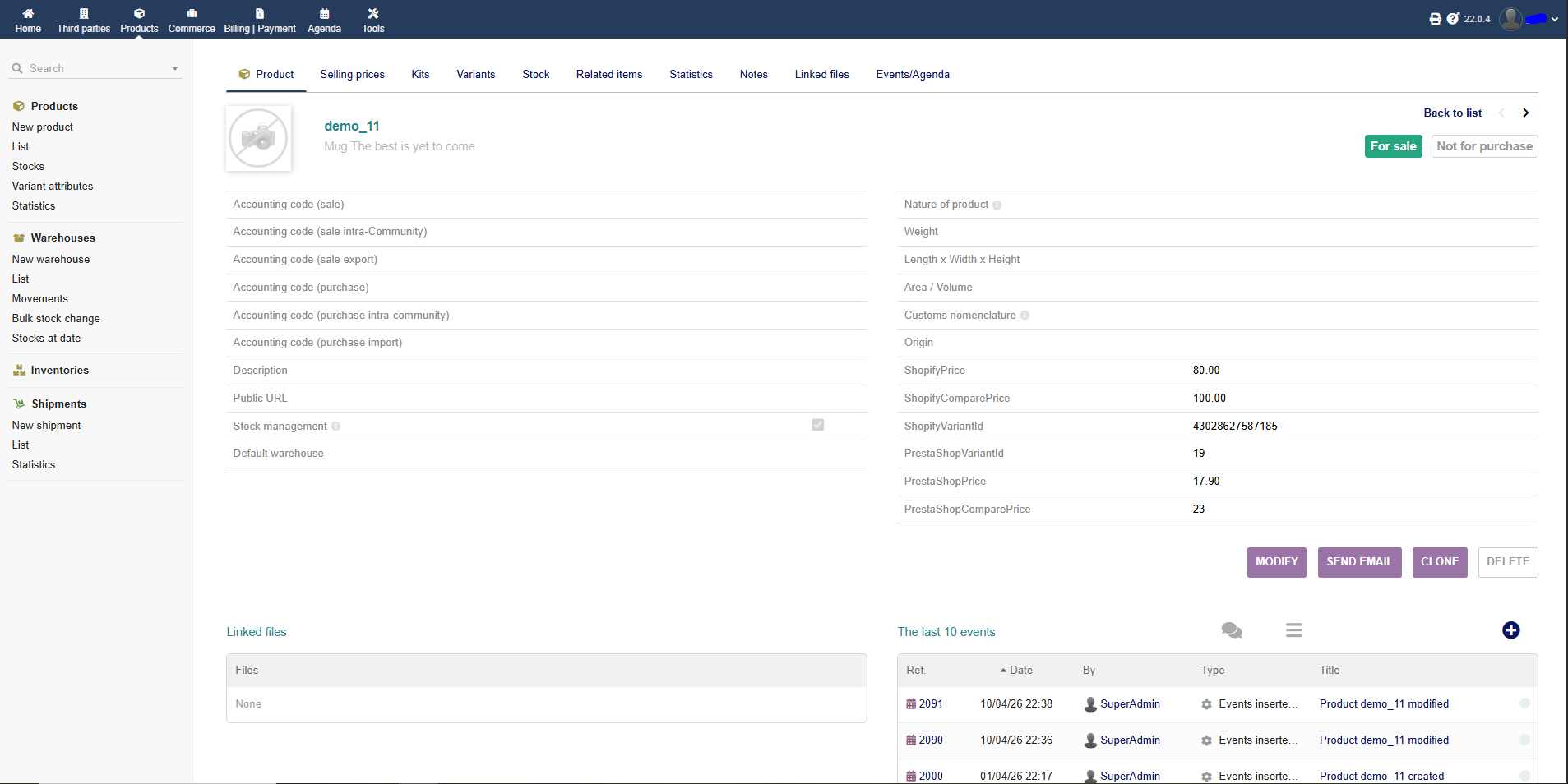 Fiche produit Dolibarr avec le champ woocommerce_variant_id