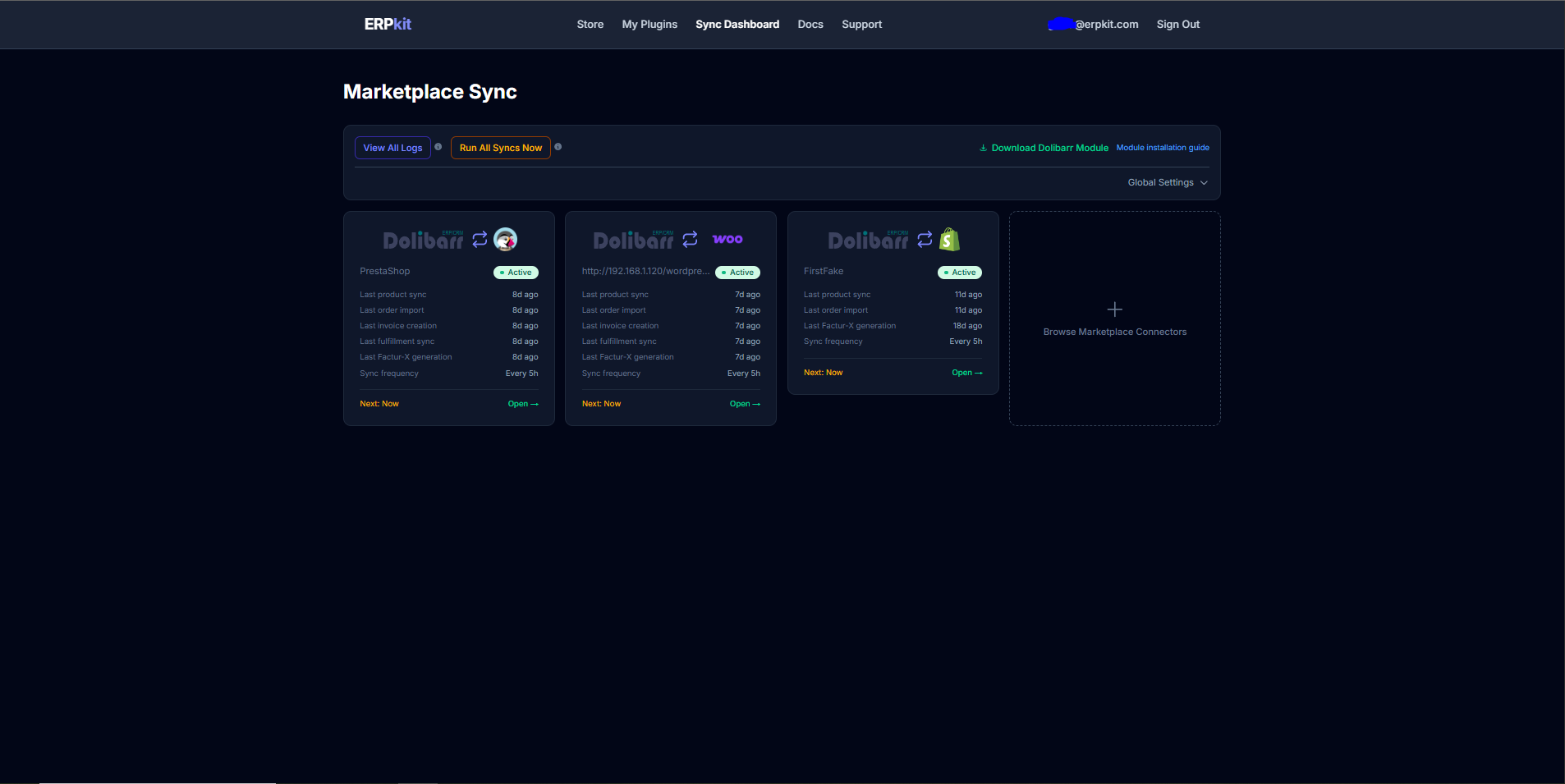 Tableau de bord ERPkit avec configurations de synchronisation