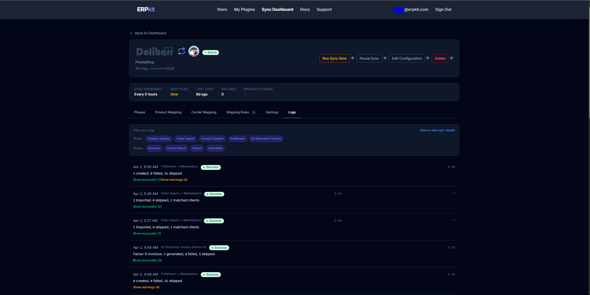 Page de detail ERPkit montrant les resultats de synchronisation
